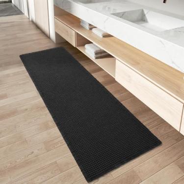 Imagem de AMOAMI Tapete Waffle Runner atualizado, tapete de banheiro super absorvente antiderrapante para piso de banheiro, tapete lavável com borlas, ideal para corredor, quarto, lavanderia, preto, 61 x 122 cm