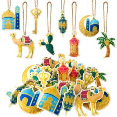 Imagem de HunnmingRe 24 peças de enfeites de árvore de Ramadã feltro Eid Mubarak decoração Eid Al Fitr castelo pendurado lanterna estrela lua ornamentos islâmicos para árvore Ramadã Mubarak decoração para casa