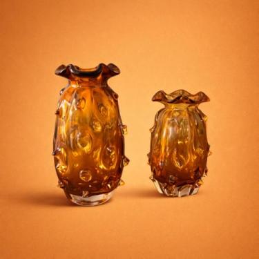 Imagem de Murano Vasos de Vidro Âmbar, Kit com 2 Peças, Decorativo Artesanal, 13x20cm e 15x23cm, Estilo Trouxinha