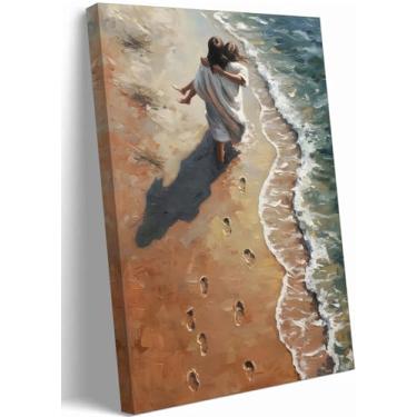 Imagem de Jesus Segurando Mulher Tela Arte de Parede Pegadas de Jesus na Areia Decoração de Parede Imagens Impressões de Pôster da Bíblia Cristã para Sala de Estar Quarto Decoração de Casa 61 x 91 cm Pronto