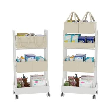 Imagem de Ornestia Carrinho organizador de fraldas de bebê 2 em 1 - Carrinho de fraldas com divisórias destacáveis - Armazenamento de berçário essencial para bebê, para berço, quarto, cozinha, banheiro