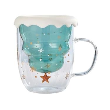 Imagem de Copos de Natal de vidro com tampa, canecas de vidro borossilicato de parede dupla com alça para cacau quente e café, 300 ml (rosa)