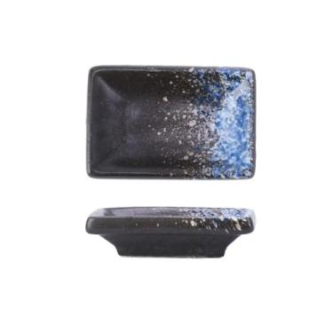 Imagem de Prato de molho de soja, 4 peças, prato de tempero de cerâmica, prato quente, prato retangular, prato de lanche, molho de soja, tigelas de imersão (preto e azul)