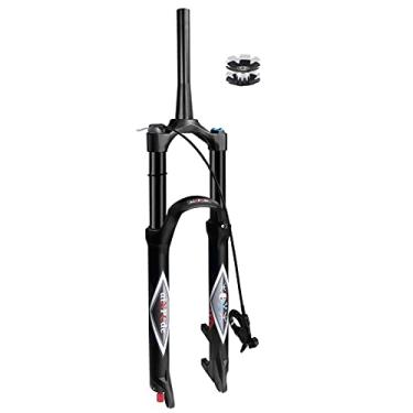 Imagem de Garfo dianteiro de suspensão pneumática Mountain Bike 26 27,5 29 polegadas 140 mm preto de viagem, garfos de bicicleta de tubo reto/cônico de liga ultraleve para pneus de 1,5-6,2 polegadas (trava