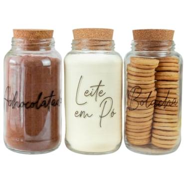 Imagem de Kit Cantinho do Café com 3 Potes de Vidro 810ml, Tampa de Cortiça, Adesivos Inclusos para Armazenamento de Cozinha (Achocolatado, Leite em Pó e Bolacha)
