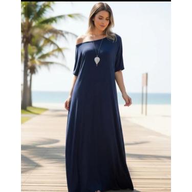 Imagem de vestido longo feminino gola caída frente e costa - KLS, Azul marinho, 