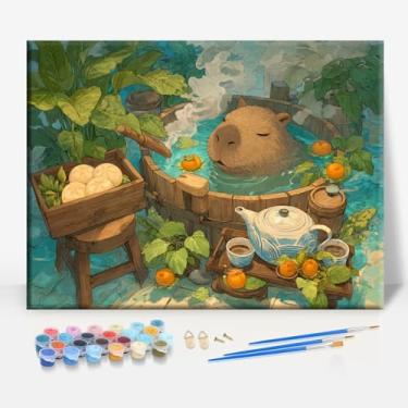 Imagem de HUINORYA Capybara SPA Day Capybara Tela emoldurada DIY Kit de pintura por números bar café caverna sala de casa parede banheiro varanda pátio decoração presente, 40,6 x 30,5 cm