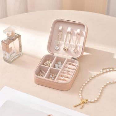 Imagem de Organizador de caixa de joias estojo compacto de viagem forrado de veludo com fecho de zíper para colares, brincos, anéis, grampos de cabelo, viagens domésticas, blushcoral
