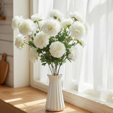 Imagem de Hotop Pacote com 3 ramos de flores de ranúnculo branco falso, 55 cm, arranjo artificial, ranúnculo, branco, flores e folhas, ramo floral falso para vaso de festa de casamento, decoração de casa