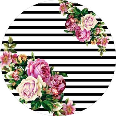 Imagem de Painel de Lona Redondo Flores e Rosas Fundo Listras - Fabrika De Festa