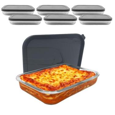 Imagem de Kit 6 Travessa Assadeira De Vidro Com Tampa Hermética Retangular Forno