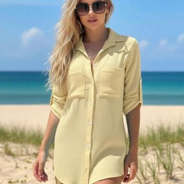 Imagem de Saída de Praia Feminina Tipo Camisa Manga 3/4 com Botões  Moda Verão -