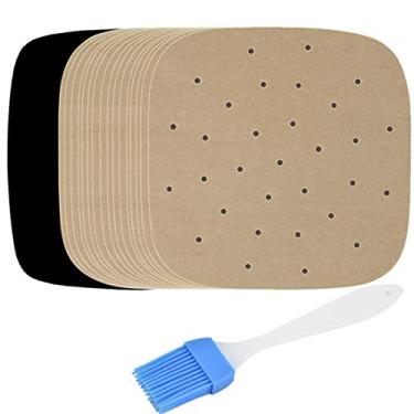 Imagem de Folhas de papel de pergaminho perfuradas para forno a ar fritadeira, 200 peças, papel de cozimento, forro de pergaminho retangular antiaderente para fritadeira a ar, cesta de vaporizador de bambu, papel de cozimento, micro-ondas, forno, quadrado, marrom