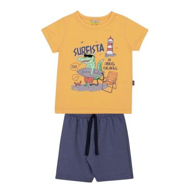 Imagem de Conjunto Infantil Camiseta e Bermuda JACA-LELÉ Jacaré Surfista Laranja e azul