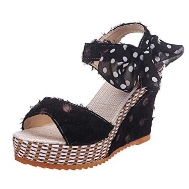 Imagem de Sandálias femininas elegantes de verão, sandálias plataforma com cadarço plataforma plataforma aberta dedo do pé cruzado sapatos com pontos, Preto, 8