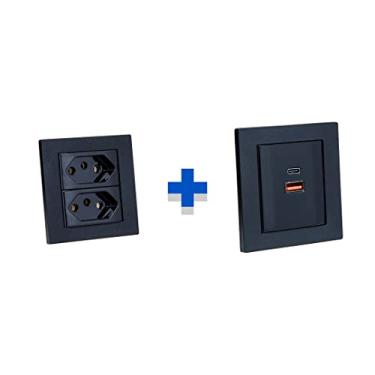 Imagem de Kit Espelhos Tomadas Duplo Chanf 2Tom 10A 2Usb 3.5A 1tipoC COR:PRETO