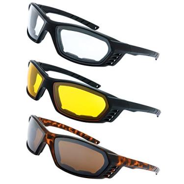 Imagem de 3 pares de óculos de motociclismo com armação acolchoada, 100% UVB/UVB para esportes de atividades ao ar livre (6 preto fosco/tartaruga, transparente, amarelo e marrom)