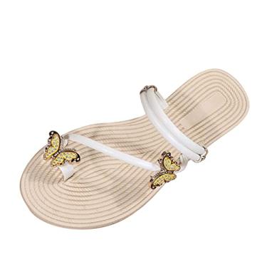 Imagem de Sandália feminina moda verão borboleta capa dedo do pé palha inferior sandálias de praia planas sapatos femininos sandálias de salto (branco, 8)
