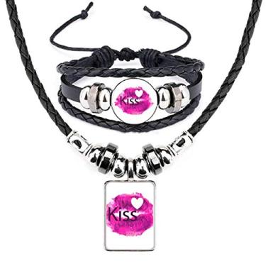 Imagem de Kiss Love Conjunto de joias para colar de couro com lábios rosa para Dia dos Namorados