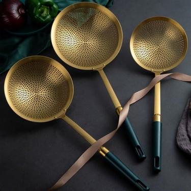 Imagem de Filtro de alimentos 1 peça de aço inoxidável para fritar filtro de vazamento de óleo colher escorredor de ouro panela quente filtro de drenagem de malha colher ferramenta de cozinha doméstica (cor: dourado médio)
