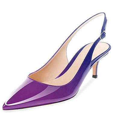 Imagem de Fericzot Sandálias femininas de salto gatinho bico fino com tira no tornozelo para festa noturna casamento stiletto, Roxo azul - patente, 6