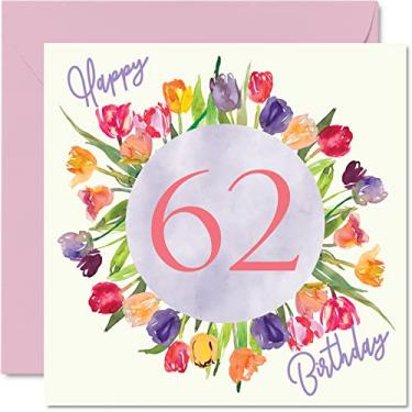 Imagem de Lindos cartões de aniversário de 62 anos para mulheres - buquê de flores de tulipas aquarela - cartão de feliz aniversário para sua avó, babá, avó 14 x 14 cm, lindo presente floral cartões de felicitações