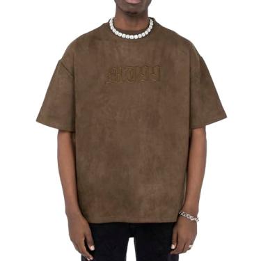 Imagem de Verdusa Camisetas masculinas grandes com letras bordadas, ombro caído, casual, Marrom café, G
