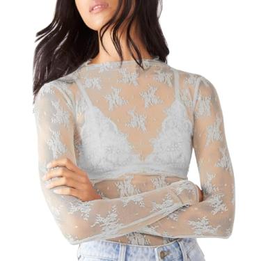 Imagem de Camisetas femininas de renda de malha transparente top sexy para sair verão plus size lindo bordado transparente blusa cropped floral, Cinza 012, P