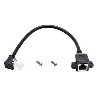Imagem de AAOTOKK Cabo Ethernet Cat 6 de 90 graus, ângulo de curvatura esquerda, RJ45, macho para fêmea, conector de rede Ethernet blindado, parafuso para montagem em painel, cabo de extensão para roteador,