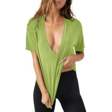 Imagem de Tankaneo Camisetas femininas sexy de verão com decote em V profundo e manga curta, casual, caimento solto, Verde grama, G