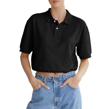 Imagem de Zwurew Camisa polo feminina cropped casual de verão manga curta com botão frontal gola V cropped, Preto, G
