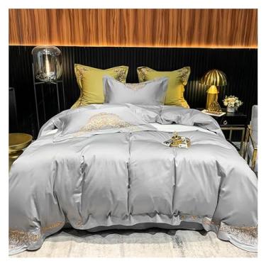 Imagem de Jogo de cama de luxo de algodão 1000 fios, bordado e capa de edredom, lençol de cima, fronha de 4 peças, compatível com adultos, lençóis (3 solteiros)