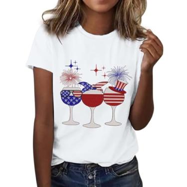 Imagem de Camisetas femininas PKDong 4th of July Bandeira do Dia da Independência com estampa de taça de vinho gola redonda e manga curta para mulheres modernas, Branco, XXG