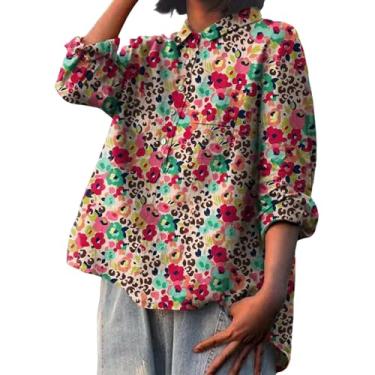 Imagem de Camiseta feminina com estampa floral e gola de lapela de algodão e linho, manga comprida, caimento solto, Vermelho, P