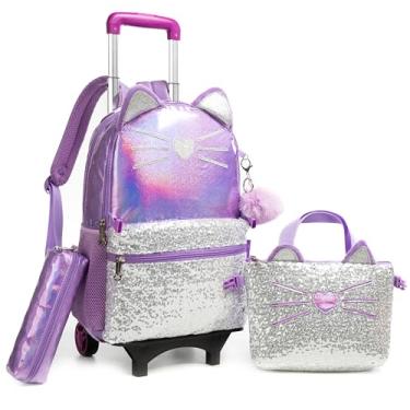 Imagem de Egchescebo Mochila Escolar Infantil com Rodinhas para Meninas e Crianças Rodas Bolsa Mala Carrinho 17” 3PCS Lancheira Juvenil Estojo Costas Divertidamente Rodas Amovível Viagem Gato de Peluche Roxo