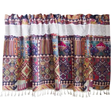 Imagem de Cortina curta de linho de algodão boêmio, saia de borla com padrão geométrico, cortinas semi-blackout com bolso de haste, decoração de janela pequena, para cozinha, quarto, bistrô, vermelho,