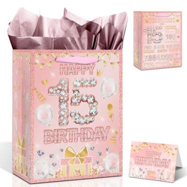 Imagem de Ggjgrpx Bolsa de presente de feliz aniversário de 15 anos para meninas adolescentes - decorações doces, suprimentos de embrulho de lembrancinhas, bolsa rosa surpresa com cartão de felicitações