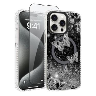 Imagem de OOK Capa magnética para iPhone 15 Pro Max [compatível com MagSafe] Black Butterfly Nebula Space Design Hard PC + Capa ultrafina antiderrapante transparente, borboleta preta (6,7 polegadas)