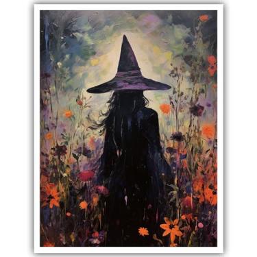Imagem de Pôster de arte de parede gótico místico A bruxa encantadora crepúsculo floresta escura decoração de arte de parede impressões de arte de bruxa escura Academia Halloween pôster de terror presentes de