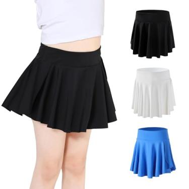 Imagem de Hvididan Saias atléticas para tênis, golfe, short rodado borboleta para crianças, shorts com bolso, Pacote com 3 (preto + branco + azul royal), 7-8 Anos