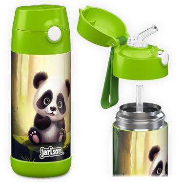 Imagem de Jarlson Charli Garrafa infantil de aço inoxidável com canudo – Frasco térmico de 350 ml – Testado TÜV – Livre de BPA – à prova de vazamento – Garrafa de água térmica para escola, berçário (Panda 'Neo