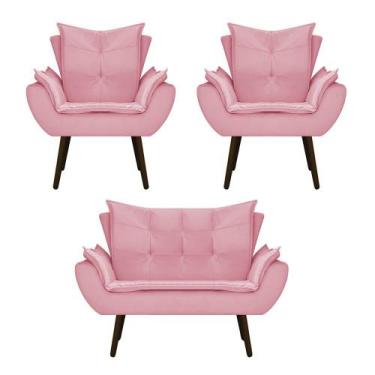 Imagem de Kit Namoradeira e 02 Poltronas Fenzzi Palito Tabaco Suede Rosa Bebê - 