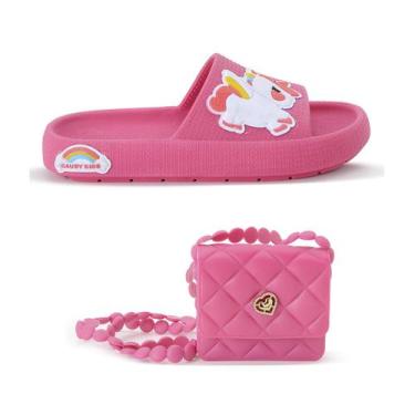 Imagem de Sandália Chinelo Infantil Unicornio Slide Nuvem Menina + Bolsinha - Ca