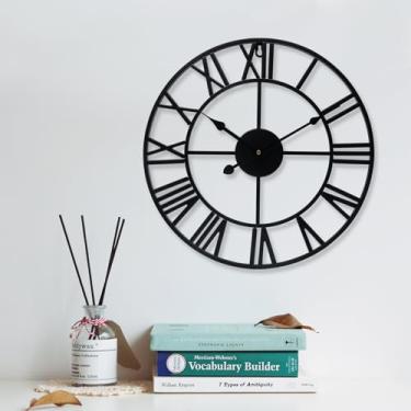 Imagem de bakbrand Relógio de parede grande 48 cm preto com algarismos romanos, relógio de metal, operado por bateria, silencioso, sem tique-taque, relógio de parede moderno redondo grande para casa, hotel,