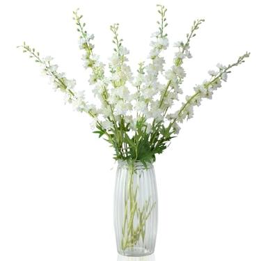 Imagem de VYZXZAF Flores artificiais Delphinium brancas, 83,8 cm, haste longa, flor de seda, espora falsa, toque real, planta floral falsa para chão, cozinha, decoração de casamento (branco, 5 peças)