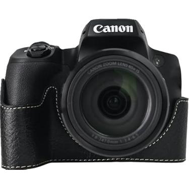 Imagem de SX70 HS, capa BMAOLLONGB feita à mão de couro PU meia câmera versão abertura inferior para Canon PowerShot SX70 HS com alça de pescoço (preto)