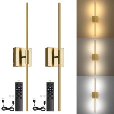 Imagem de Conjunto de 2 arandelas de parede operadas por bateria, arandela de parede com controle remoto, rotação de 350°, arandelas LED recarregáveis, luz de parede sem fio 3000K-6000K para quarto, sala de