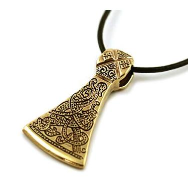 Imagem de LynnAround Bronze gravado Viking Celtic Knot Axe Head Thor Martelo Norse Pingente Cordão de Couro 18-32"