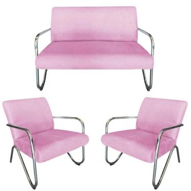 Imagem de Kit Namoradeira + 2 Poltronas Decorativa Bela Suede Rosa Bebê Braço Cr
