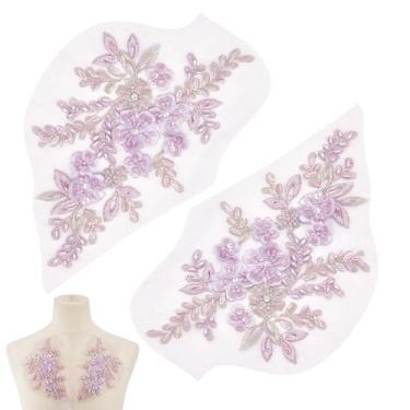 Imagem de NBEADS 1 par de apliques de renda de flores 3D, aplique de lantejoulas com contas de flor lilás costurado em aplique bordado para vestido de casamento faça você mesmo, acessórios de roupas, 18 x 37 cm